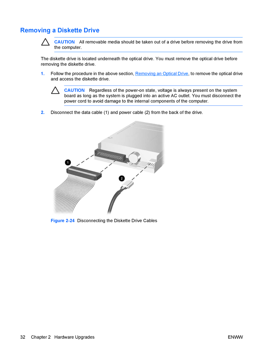 HP dc5750 manual Removing a Diskette Drive, 24Disconnecting the Diskette Drive Cables Hardware Upgrades 