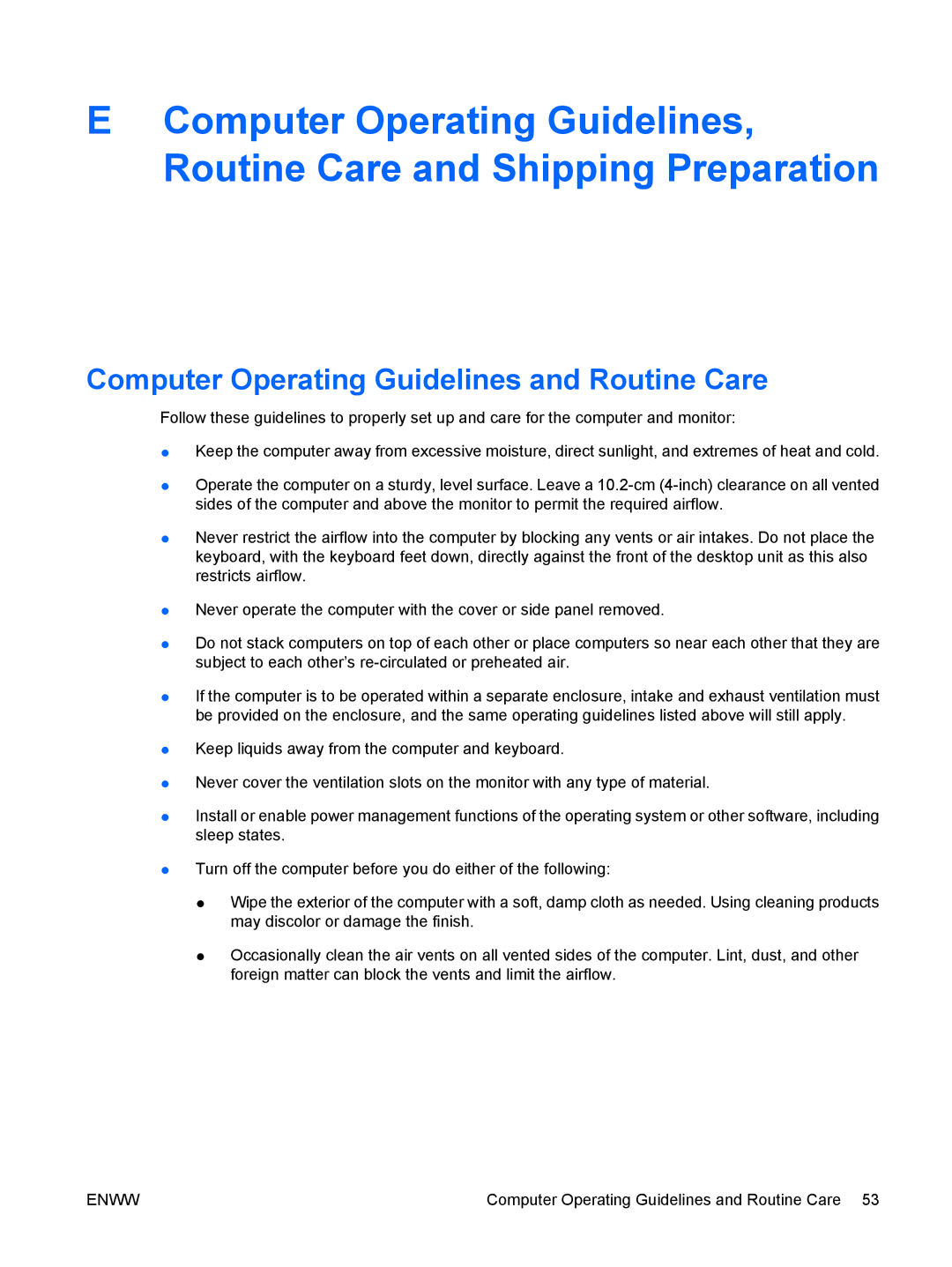 HP dc5750 manual Computer Operating Guidelines and Routine Care 