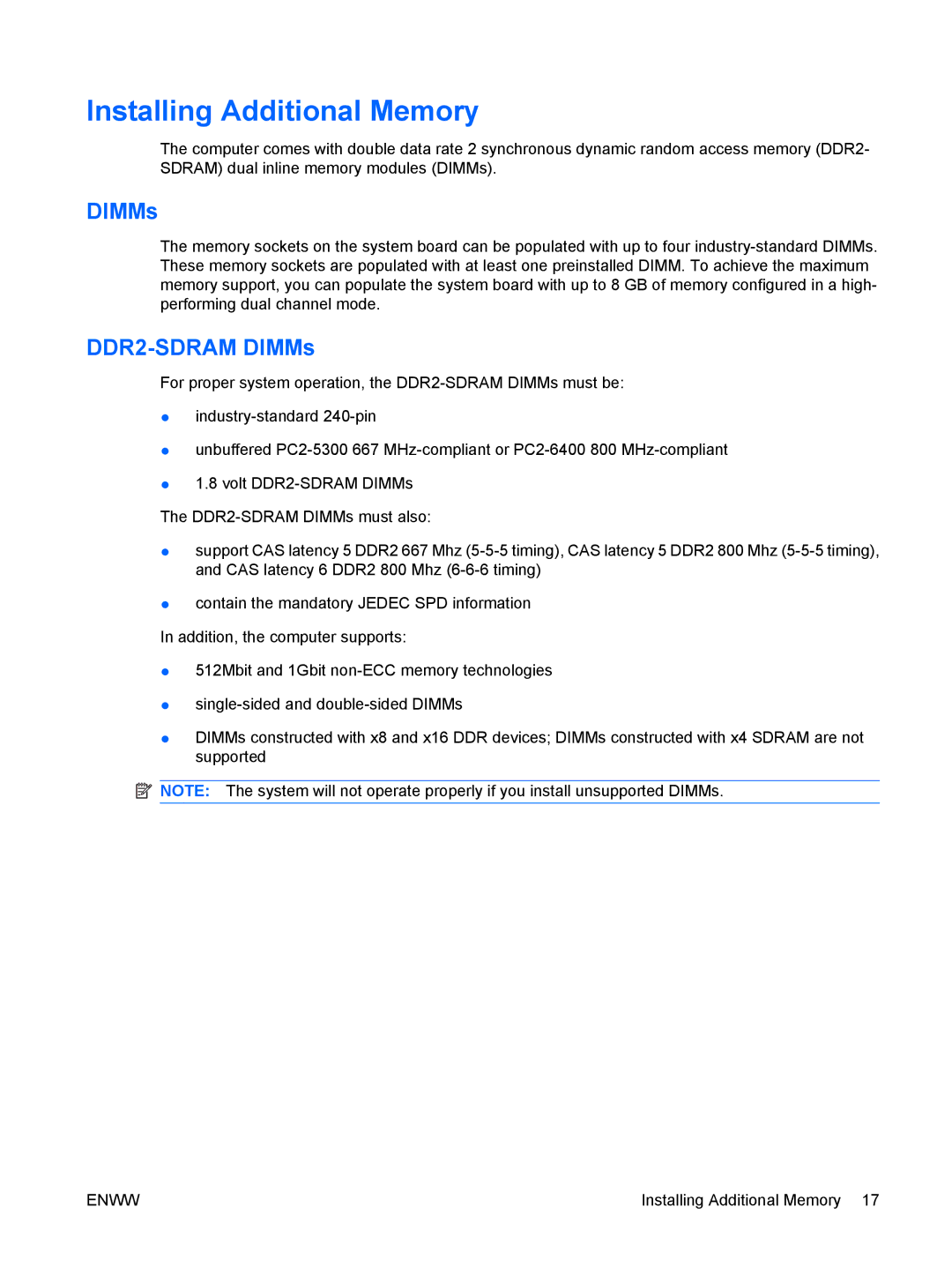 HP dc5800 manual Installing Additional Memory, DDR2-SDRAM DIMMs 