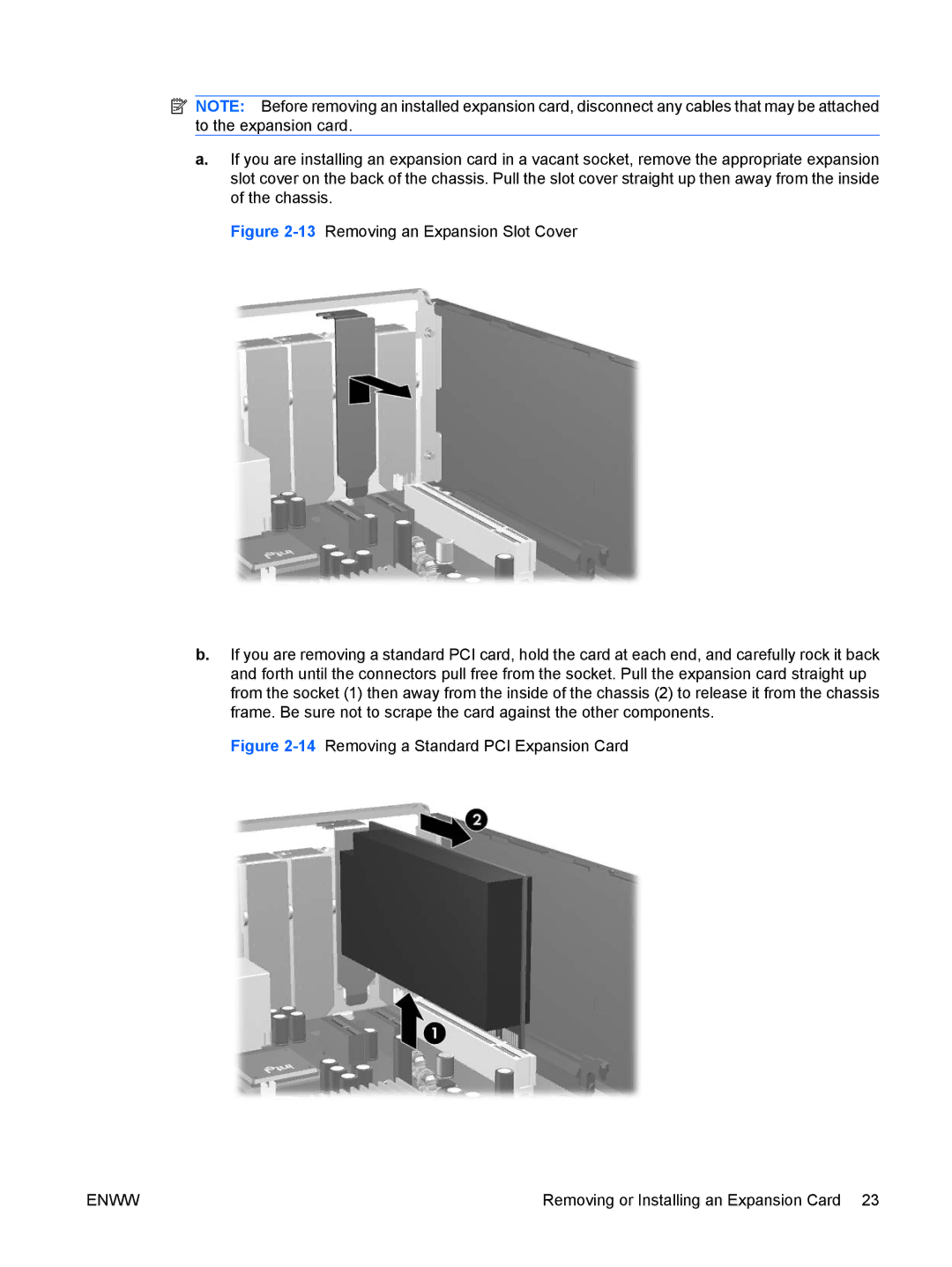 HP dc5800 manual 14Removing a Standard PCI Expansion Card 