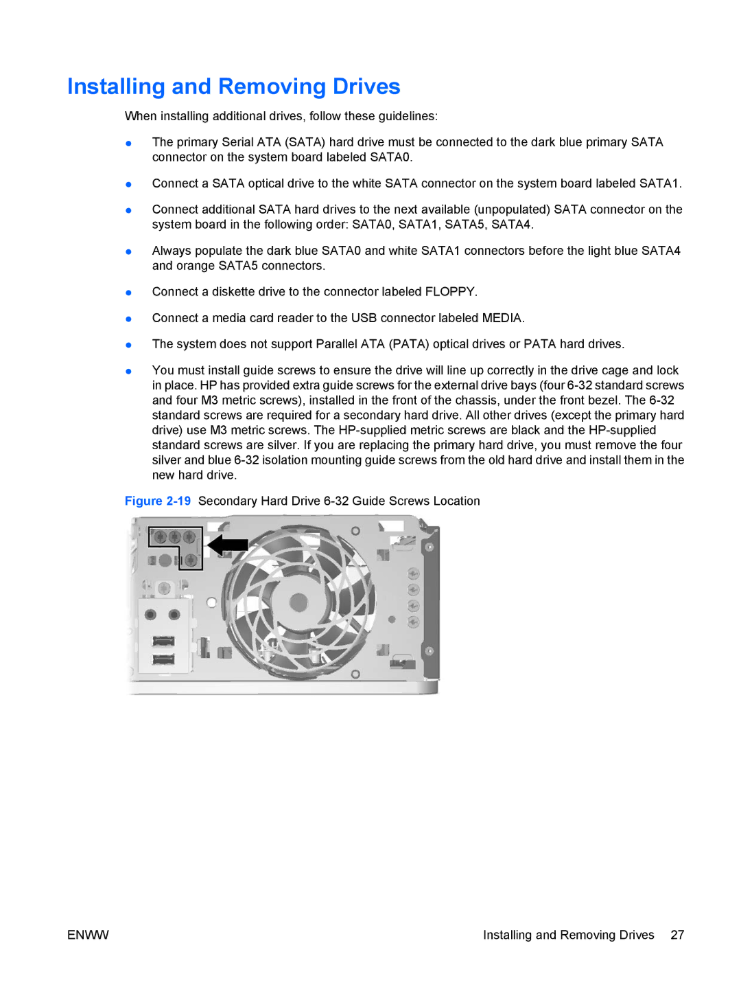 HP dc5800 manual Installing and Removing Drives, 19Secondary Hard Drive 6-32 Guide Screws Location 