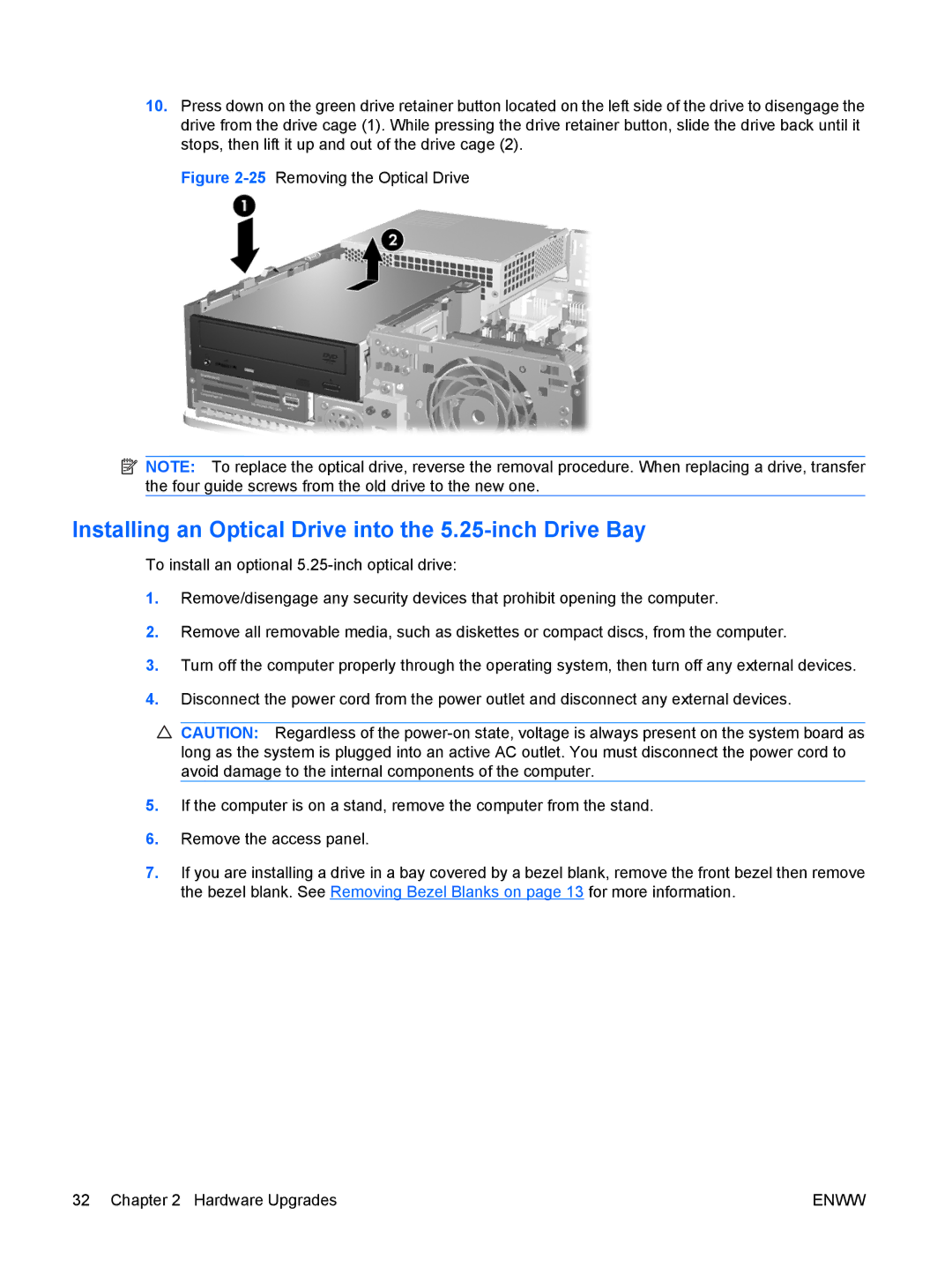 HP dc5800 manual Installing an Optical Drive into the 5.25-inch Drive Bay, 25Removing the Optical Drive 