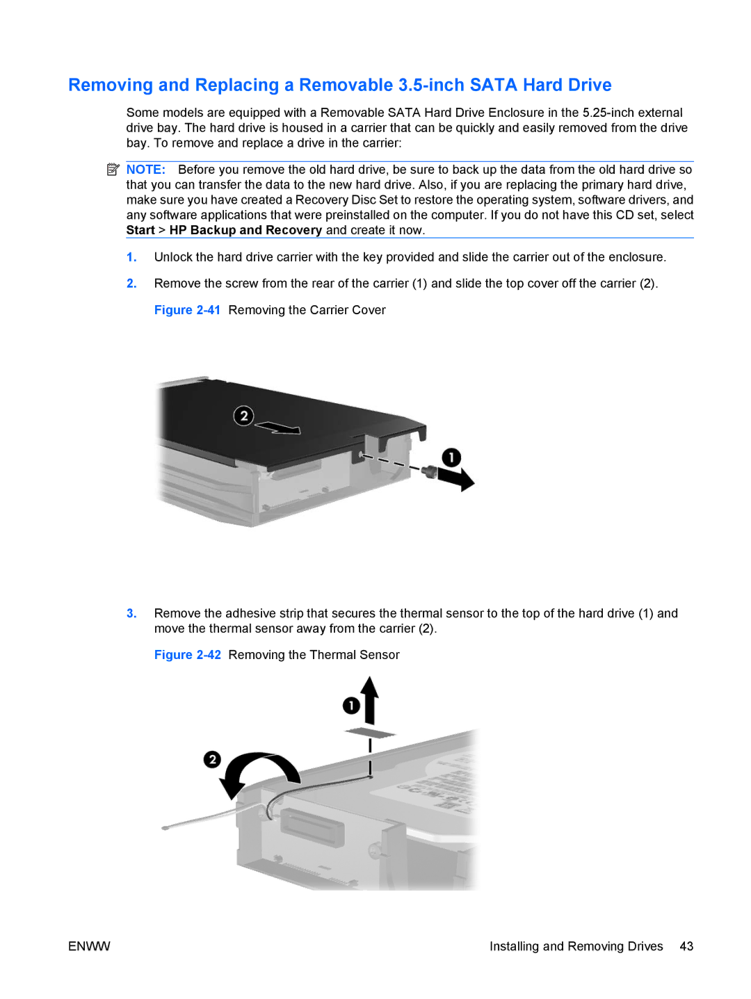 HP dc5800 manual Removing and Replacing a Removable 3.5-inch Sata Hard Drive, 42Removing the Thermal Sensor 