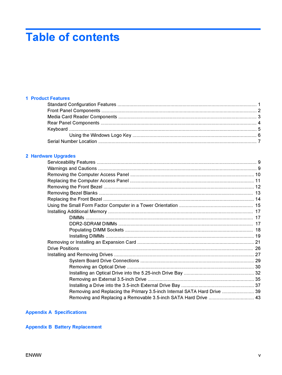 HP dc5800 manual Table of contents 