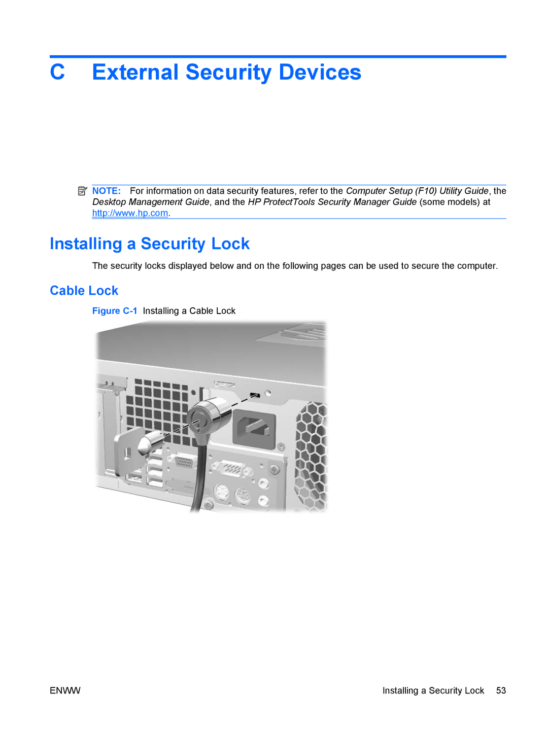 HP dc5800 manual External Security Devices, Installing a Security Lock, Cable Lock 
