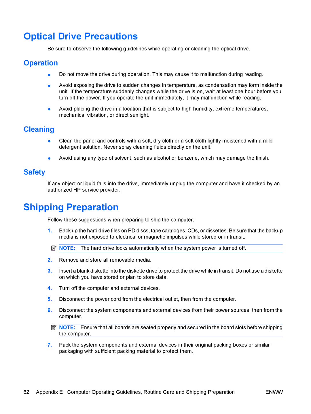 HP dc5800 manual Optical Drive Precautions, Shipping Preparation, Operation, Cleaning, Safety 