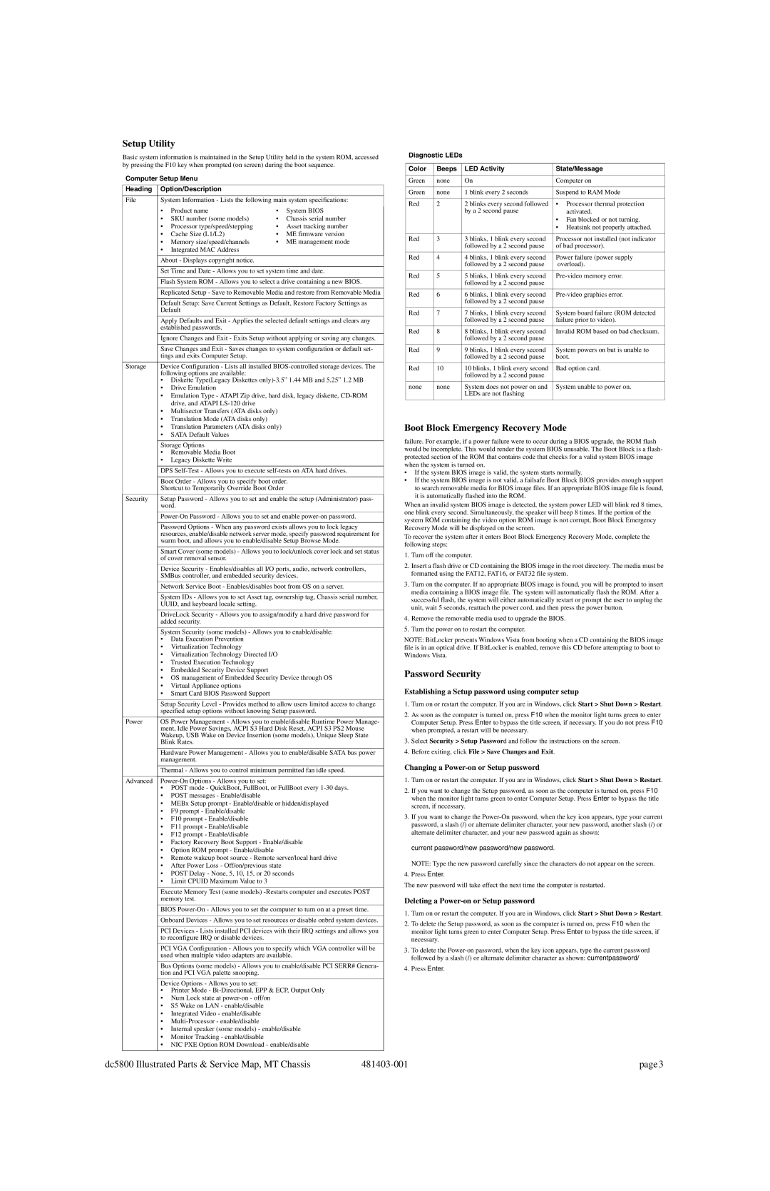 HP dc5800 manual Setup Utility, Boot Block Emergency Recovery Mode, Password Security 