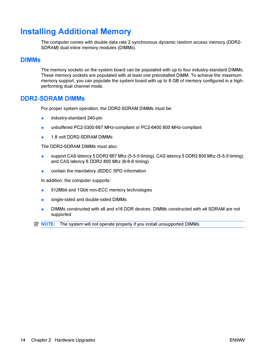 HP dc5800 manual Installing Additional Memory, DDR2-SDRAM DIMMs 