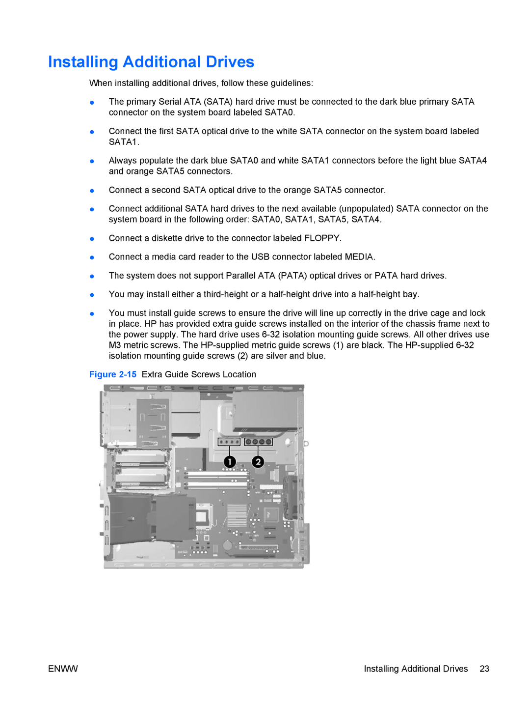 HP dc5800 manual Installing Additional Drives, 15Extra Guide Screws Location 