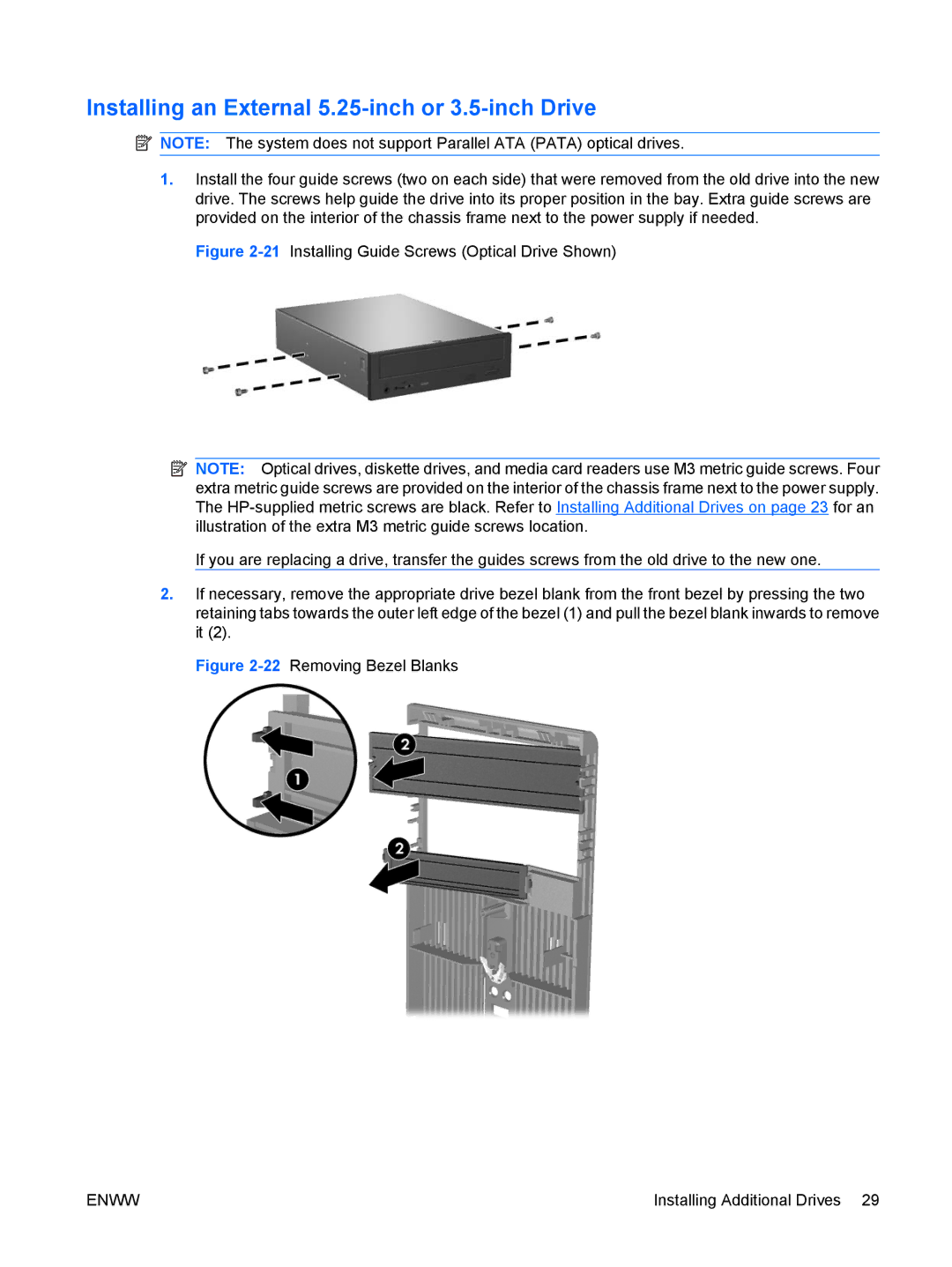 HP dc5800 manual Installing an External 5.25-inch or 3.5-inch Drive, 22Removing Bezel Blanks 