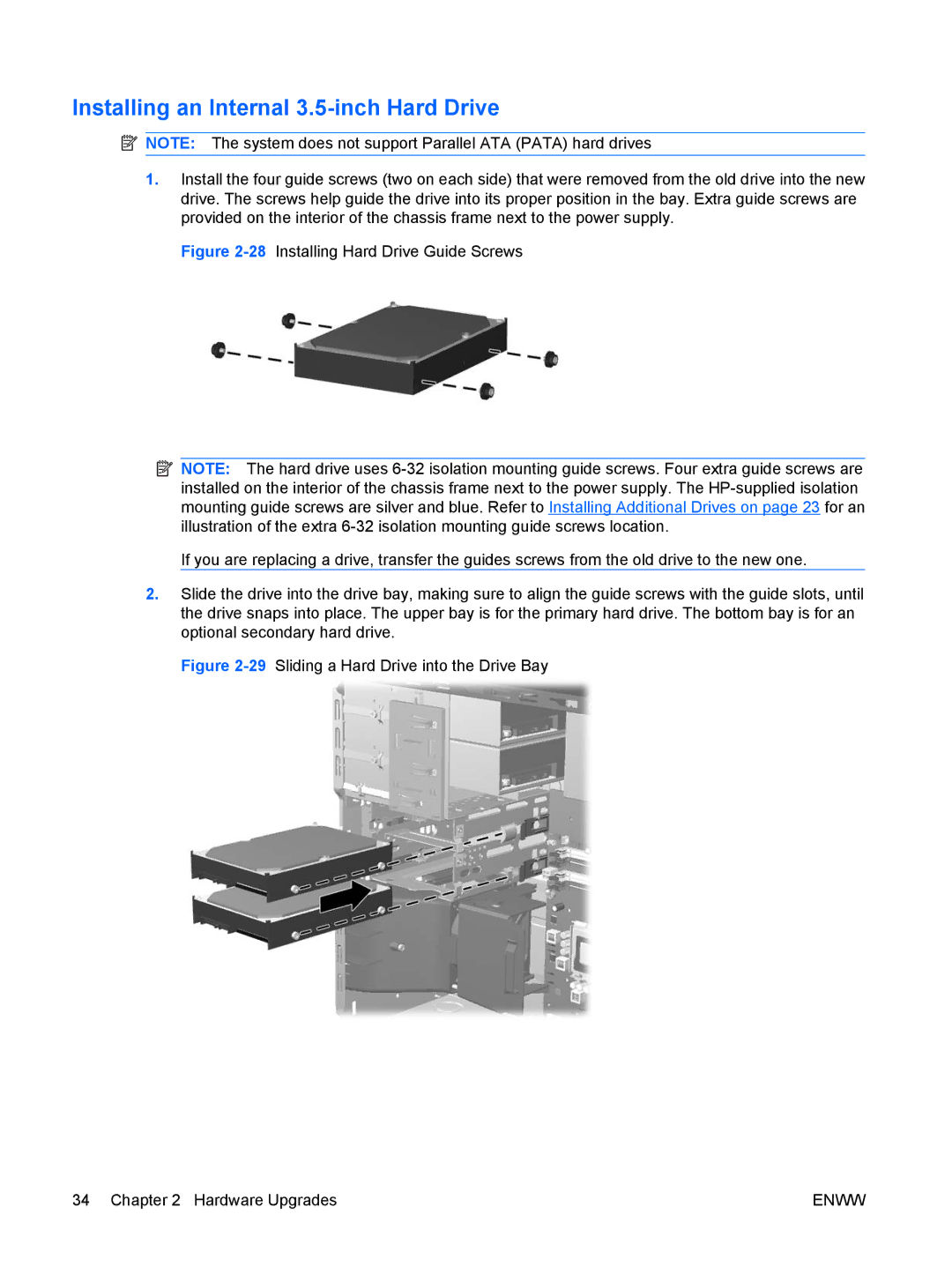 HP dc5800 manual Installing an Internal 3.5-inch Hard Drive, 29Sliding a Hard Drive into the Drive Bay Hardware Upgrades 