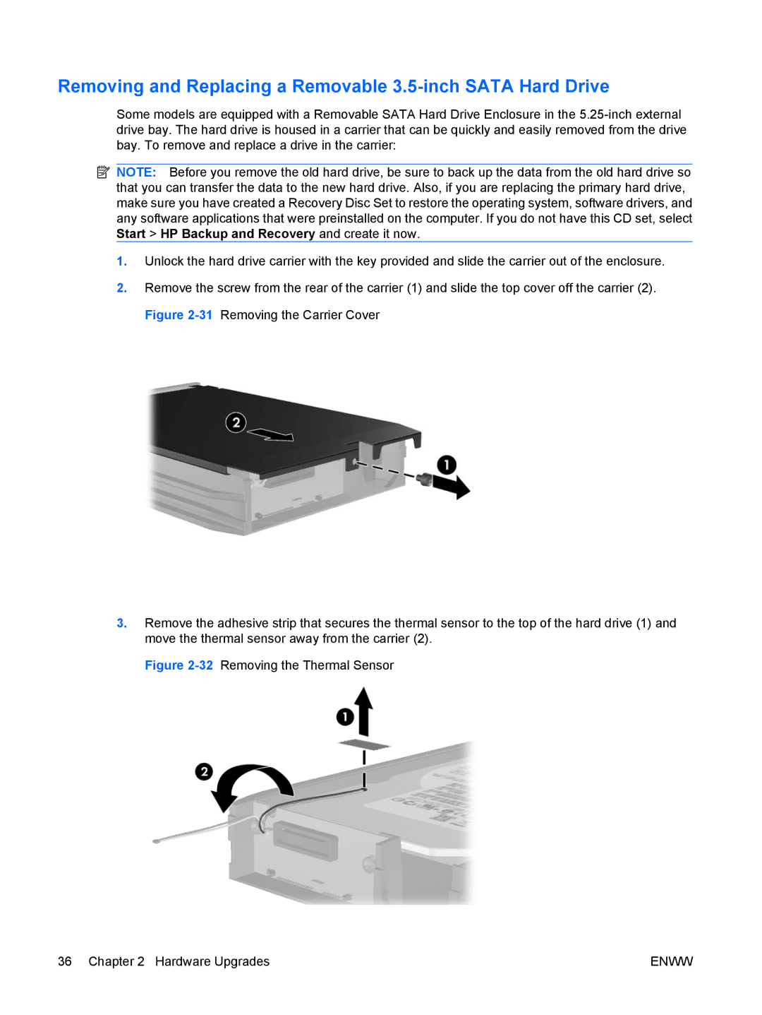 HP dc5800 Removing and Replacing a Removable 3.5-inch Sata Hard Drive, 32Removing the Thermal Sensor Hardware Upgrades 