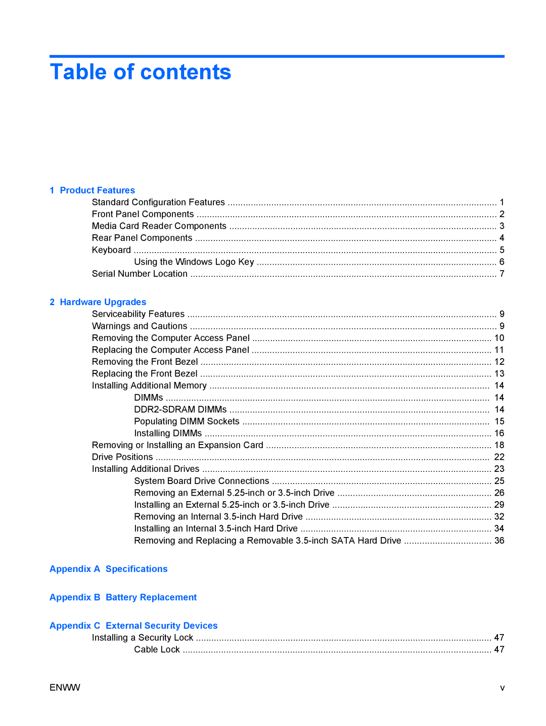 HP dc5800 manual Table of contents 