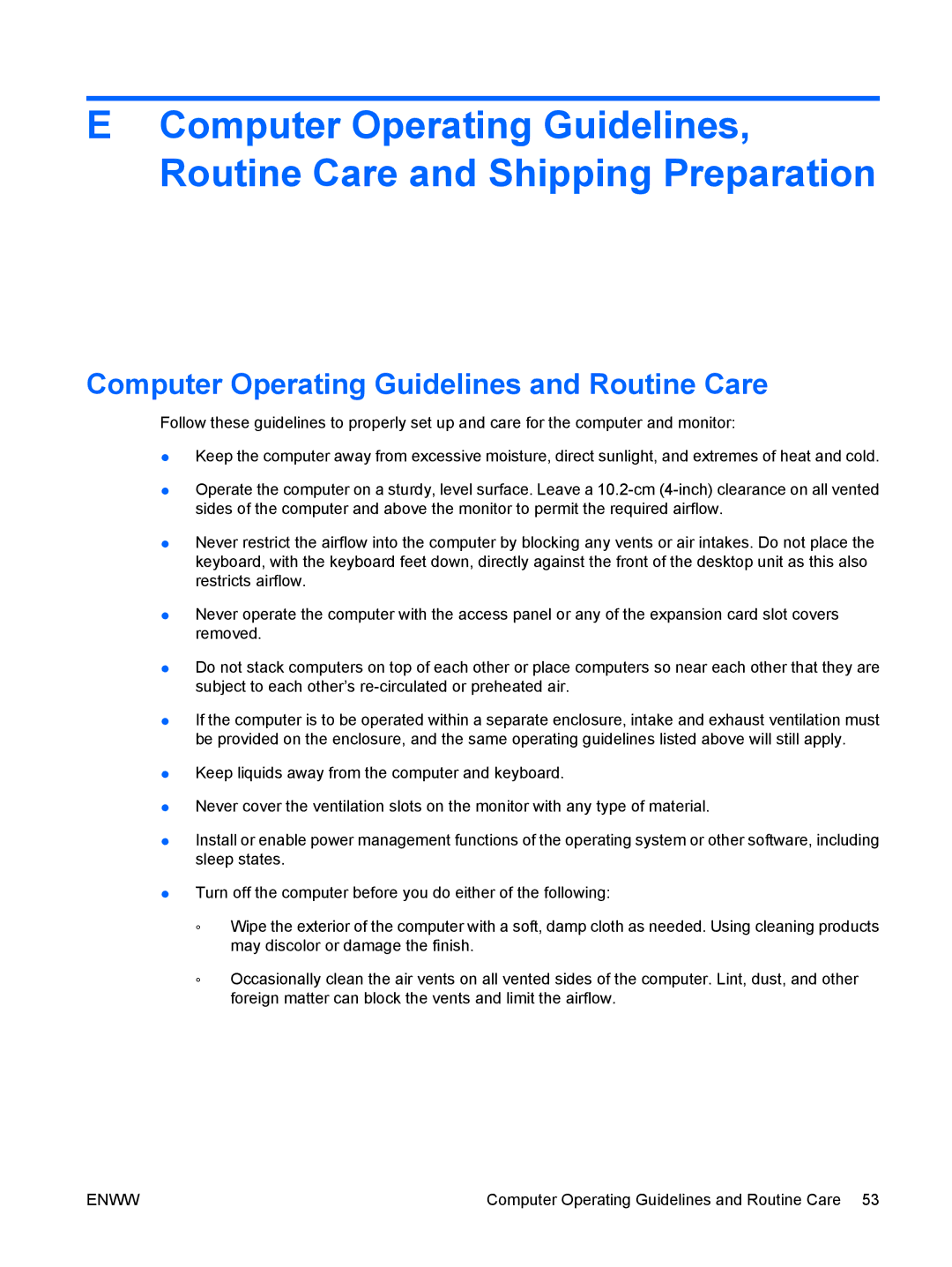 HP dc5800 manual Computer Operating Guidelines and Routine Care 