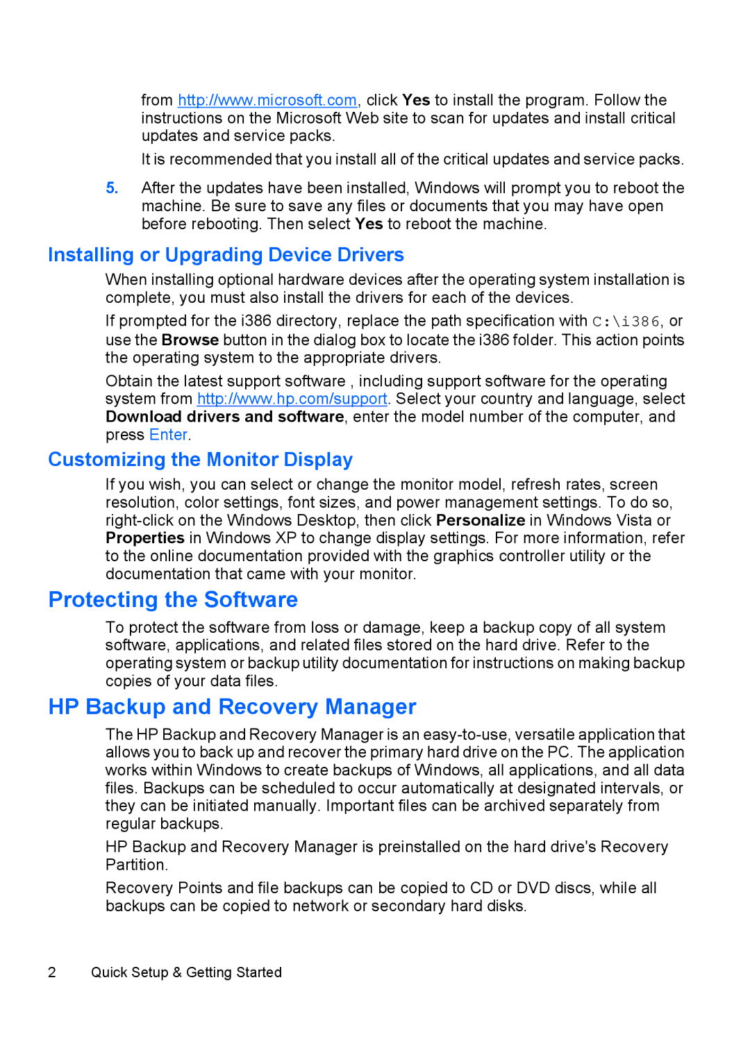 HP dc5800 manual Protecting the Software, HP Backup and Recovery Manager, Installing or Upgrading Device Drivers 