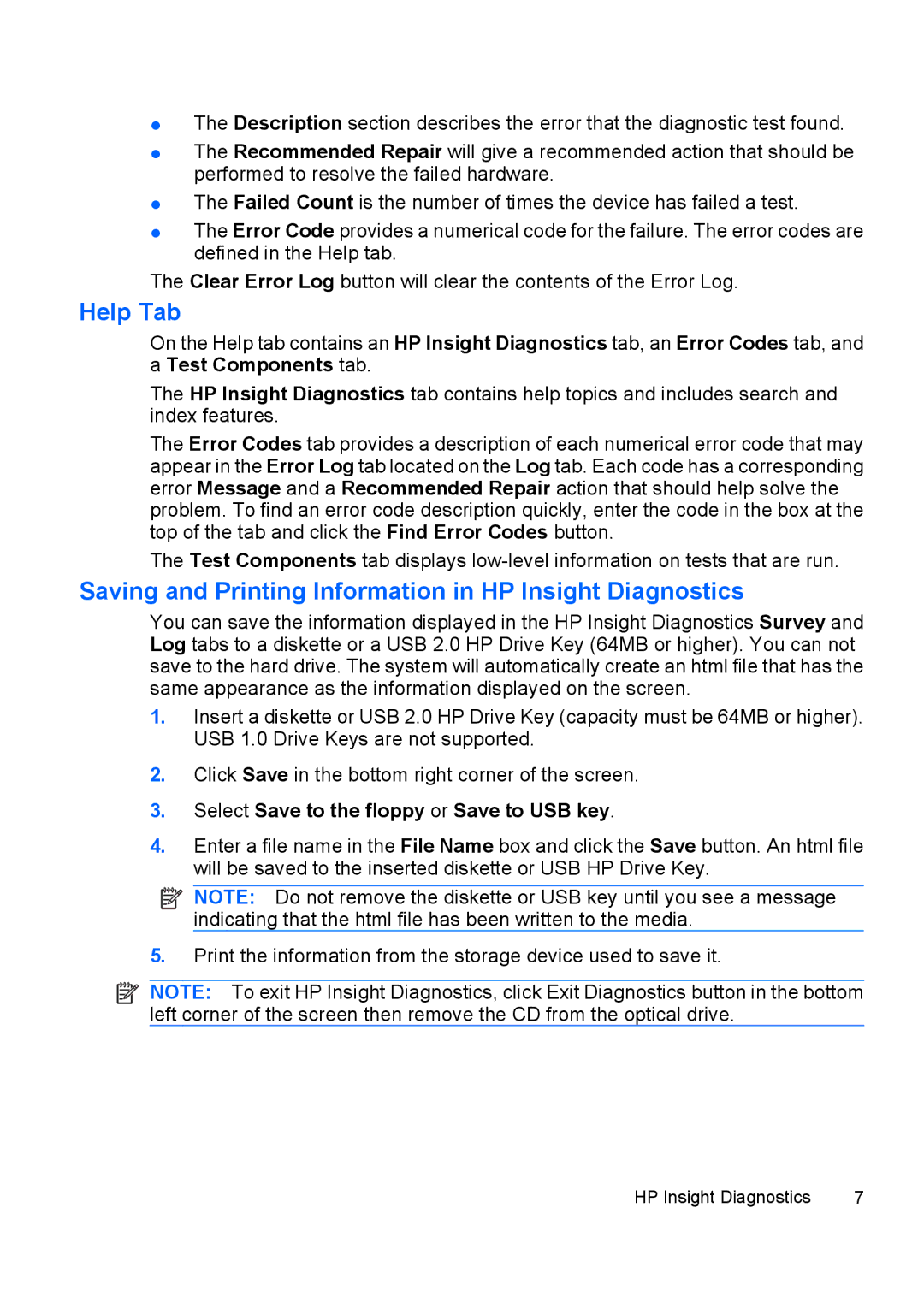 HP dc5800 manual Help Tab, Saving and Printing Information in HP Insight Diagnostics 