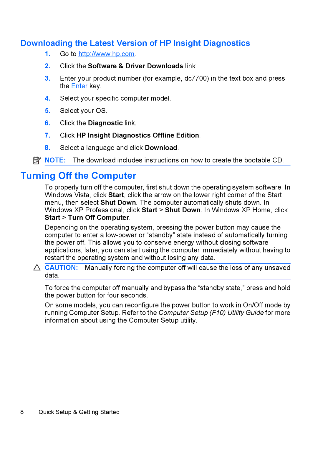 HP dc5800 manual Turning Off the Computer, Downloading the Latest Version of HP Insight Diagnostics 