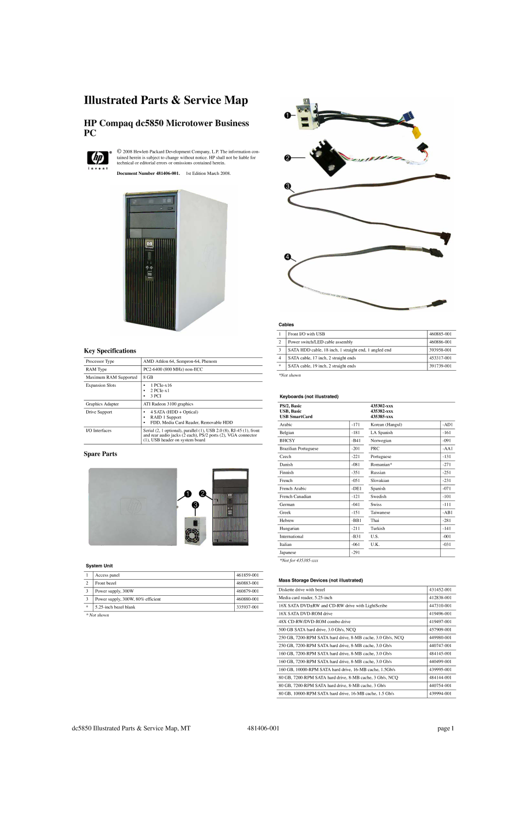 HP dc5850 manual Key Specifications, Spare Parts 