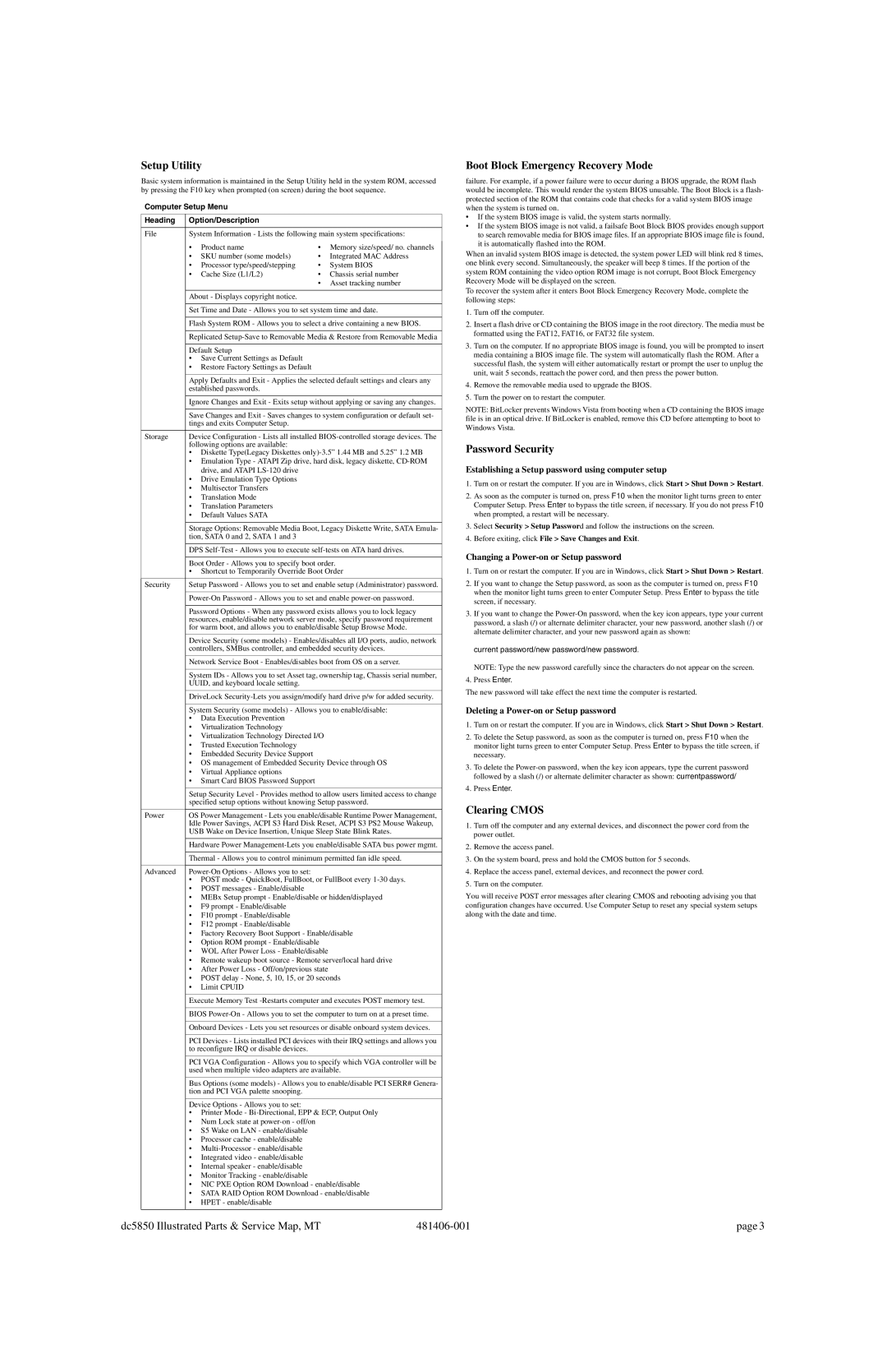 HP dc5850 manual Setup Utility, Boot Block Emergency Recovery Mode, Password Security, Clearing Cmos 