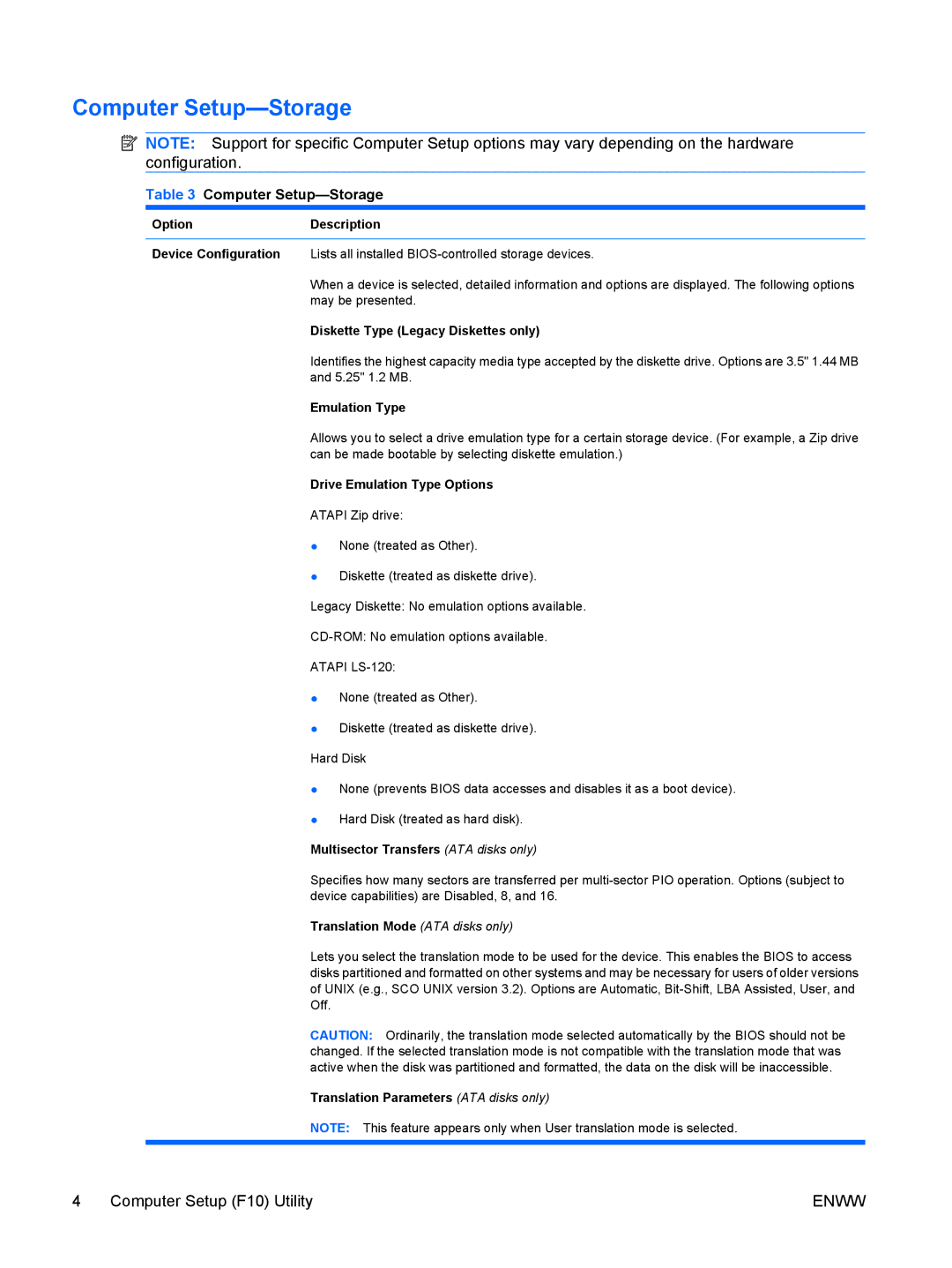 HP dc5850 manual Computer Setup-Storage 