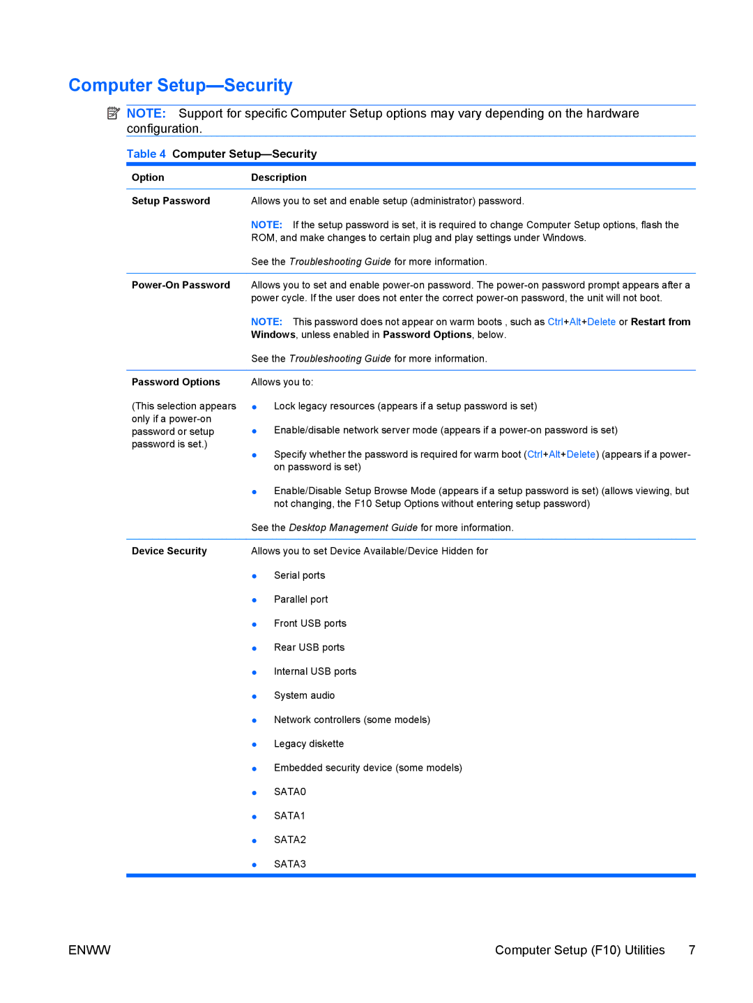 HP dc5850 manual Computer Setup-Security 