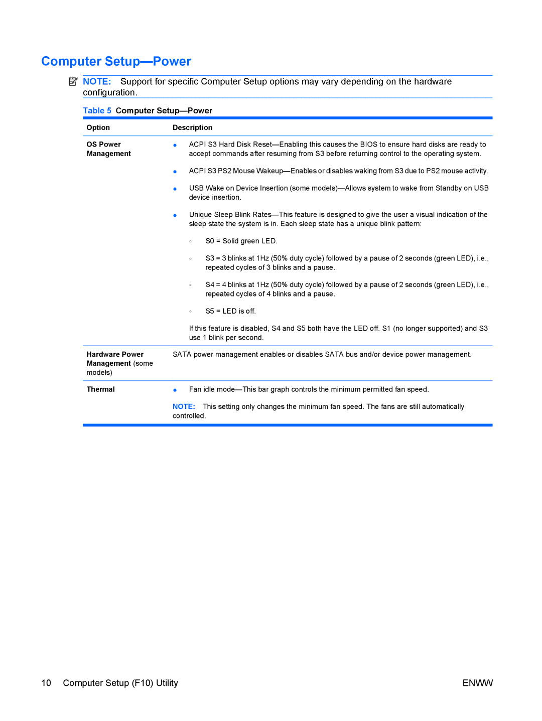 HP dc5850 manual Computer Setup-Power 