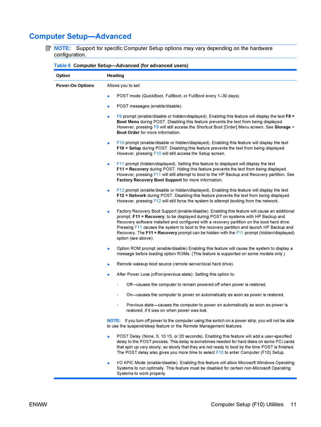 HP dc5850 manual Computer Setup-Advanced for advanced users, Option Heading Power-On Options 