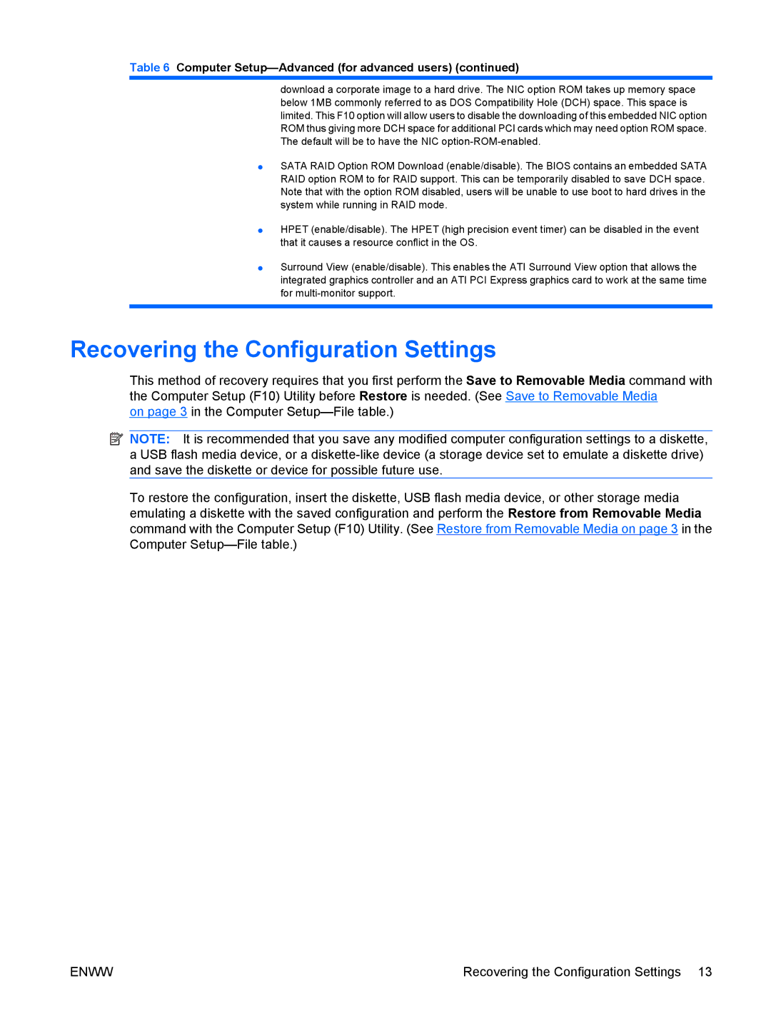 HP dc5850 manual Recovering the Configuration Settings 