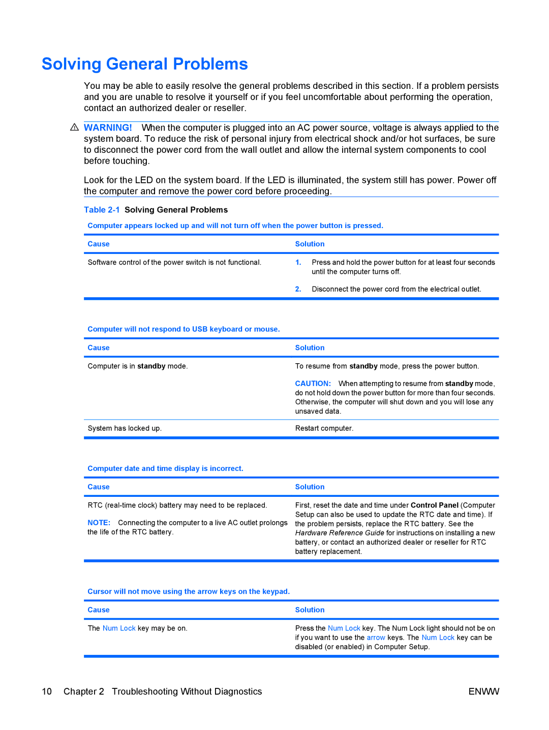 HP dc5850 manual 1Solving General Problems, Computer date and time display is incorrect Cause Solution 