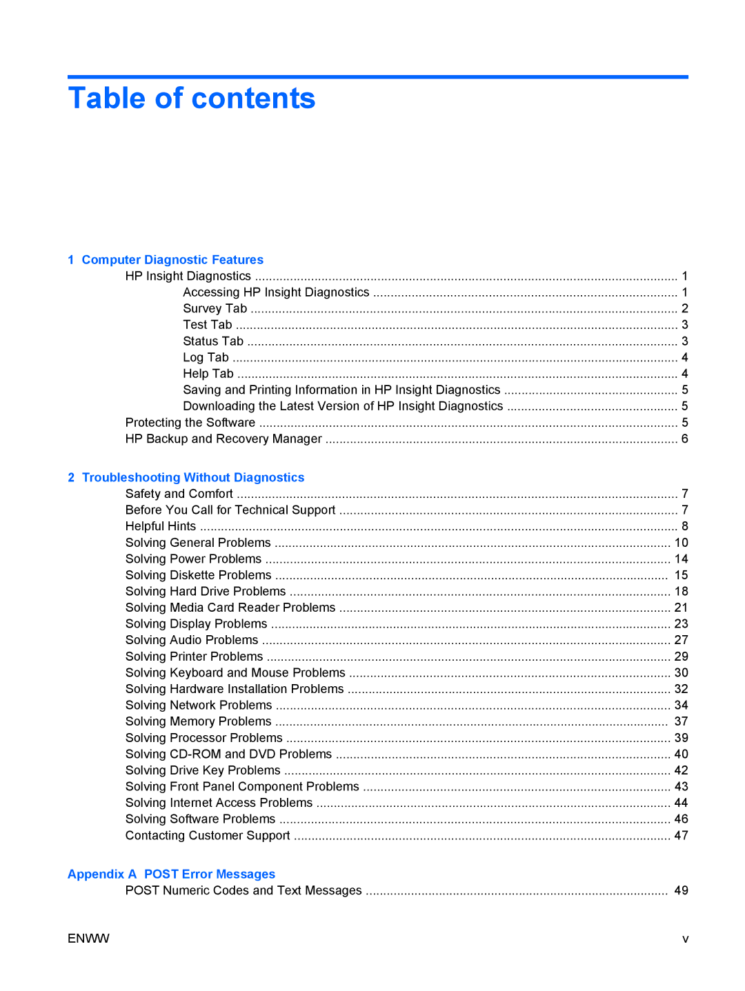 HP dc5850 manual Table of contents 