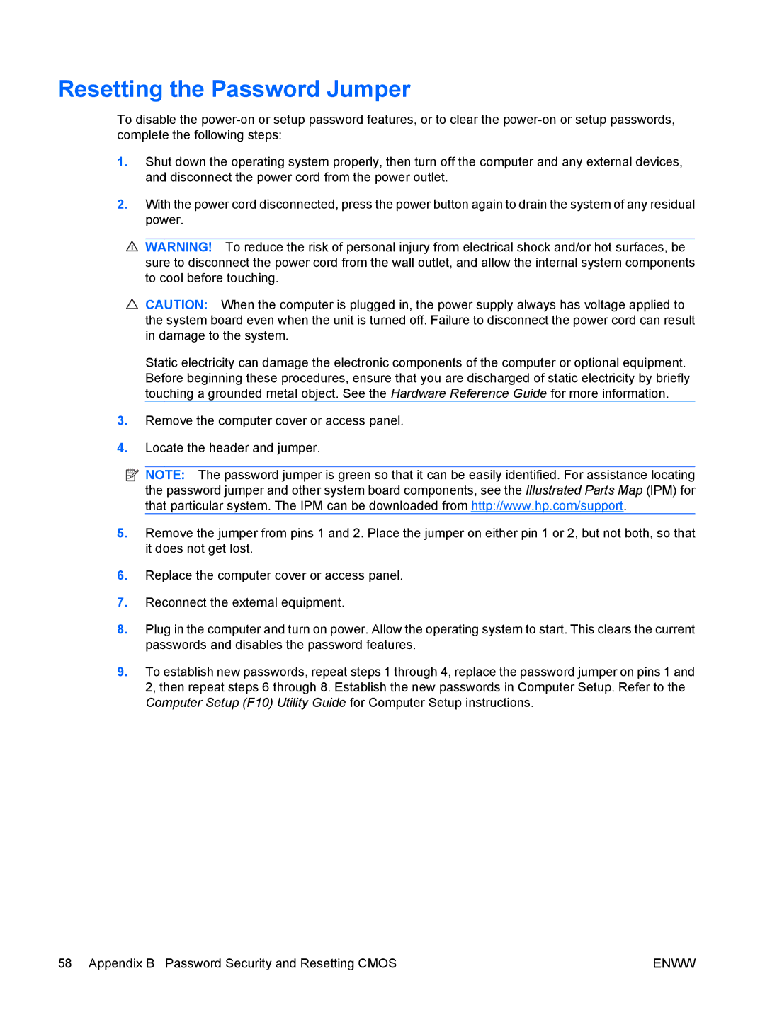 HP dc5850 manual Resetting the Password Jumper 