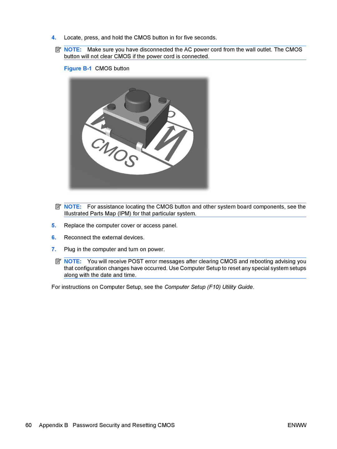 HP dc5850 manual Locate, press, and hold the Cmos button in for five seconds, Figure B-1 Cmos button 