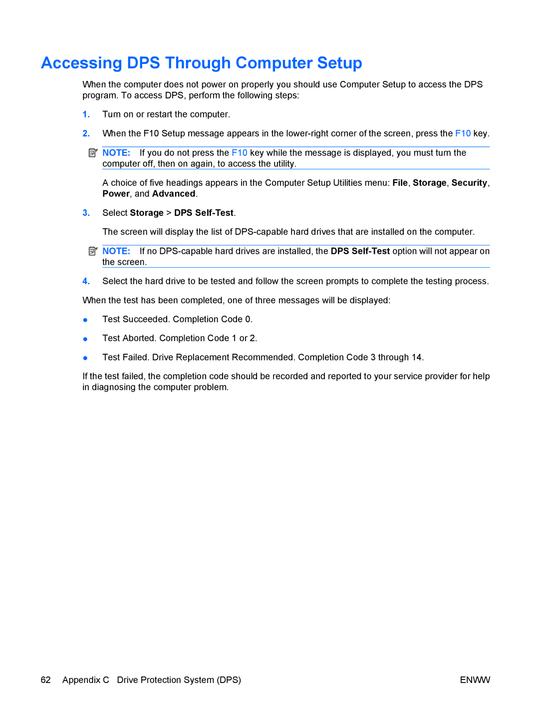 HP dc5850 manual Accessing DPS Through Computer Setup, Select Storage DPS Self-Test 