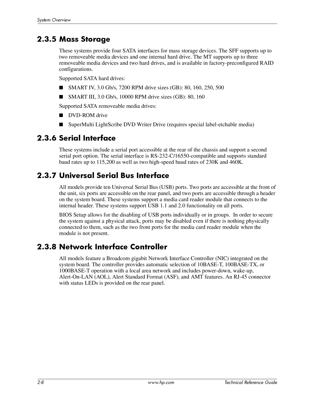 HP dc5850 manual Mass Storage, Serial Interface, Universal Serial Bus Interface, Network Interface Controller 