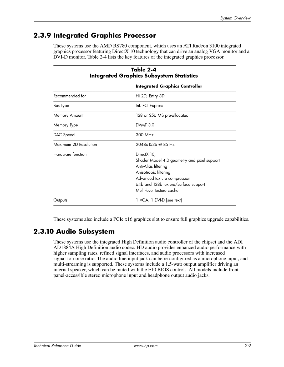 HP dc5850 manual Integrated Graphics Processor, Audio Subsystem, Integrated Graphics Subsystem Statistics 