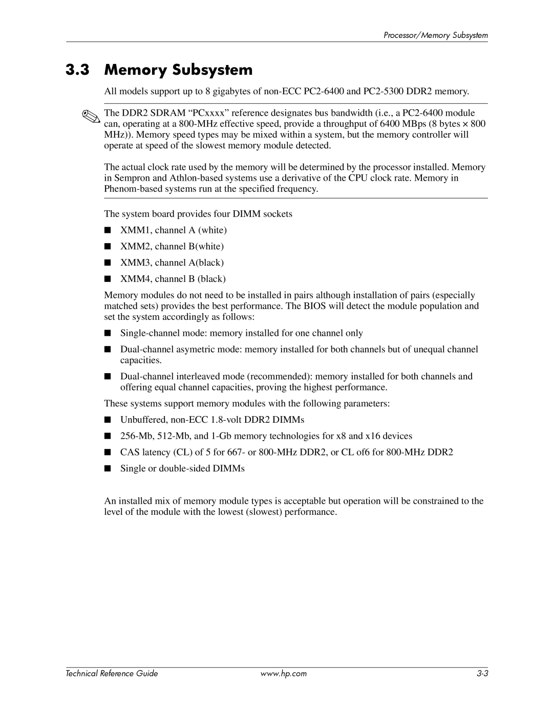 HP dc5850 manual Memory Subsystem 