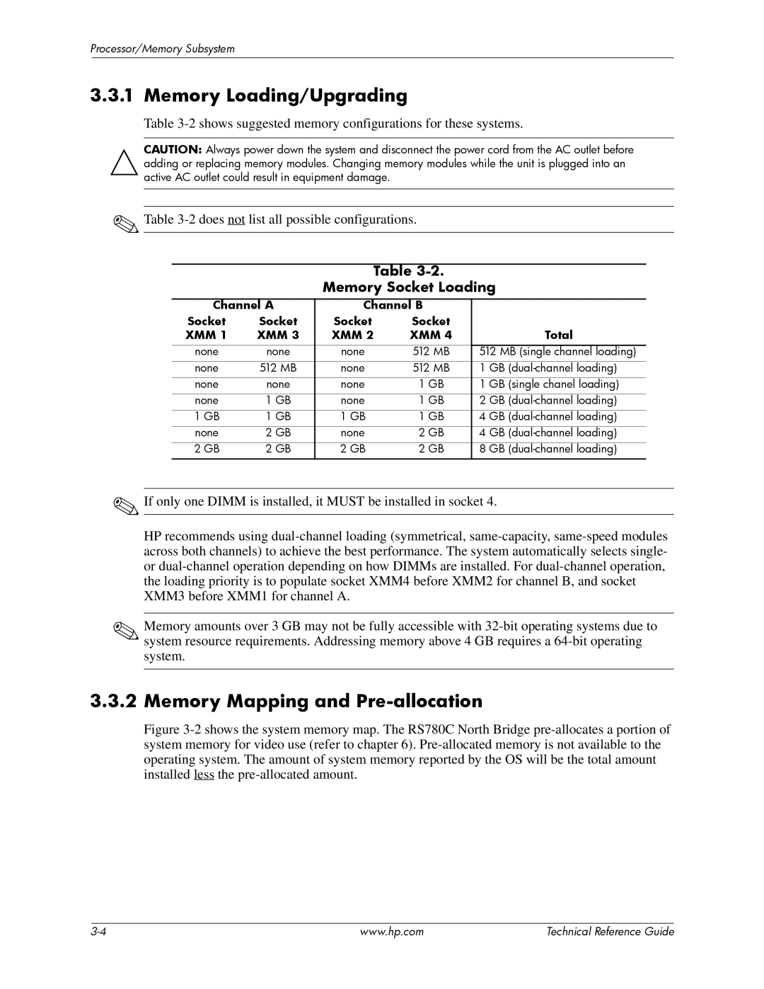 HP dc5850 Memory Loading/Upgrading, Memory Mapping and Pre-allocation, Memory Socket Loading, Channel a Channel B Socket 