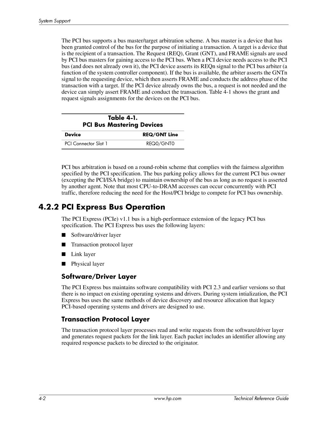 HP dc5850 manual PCI Express Bus Operation, Software/Driver Layer, Transaction Protocol Layer, PCI Bus Mastering Devices 