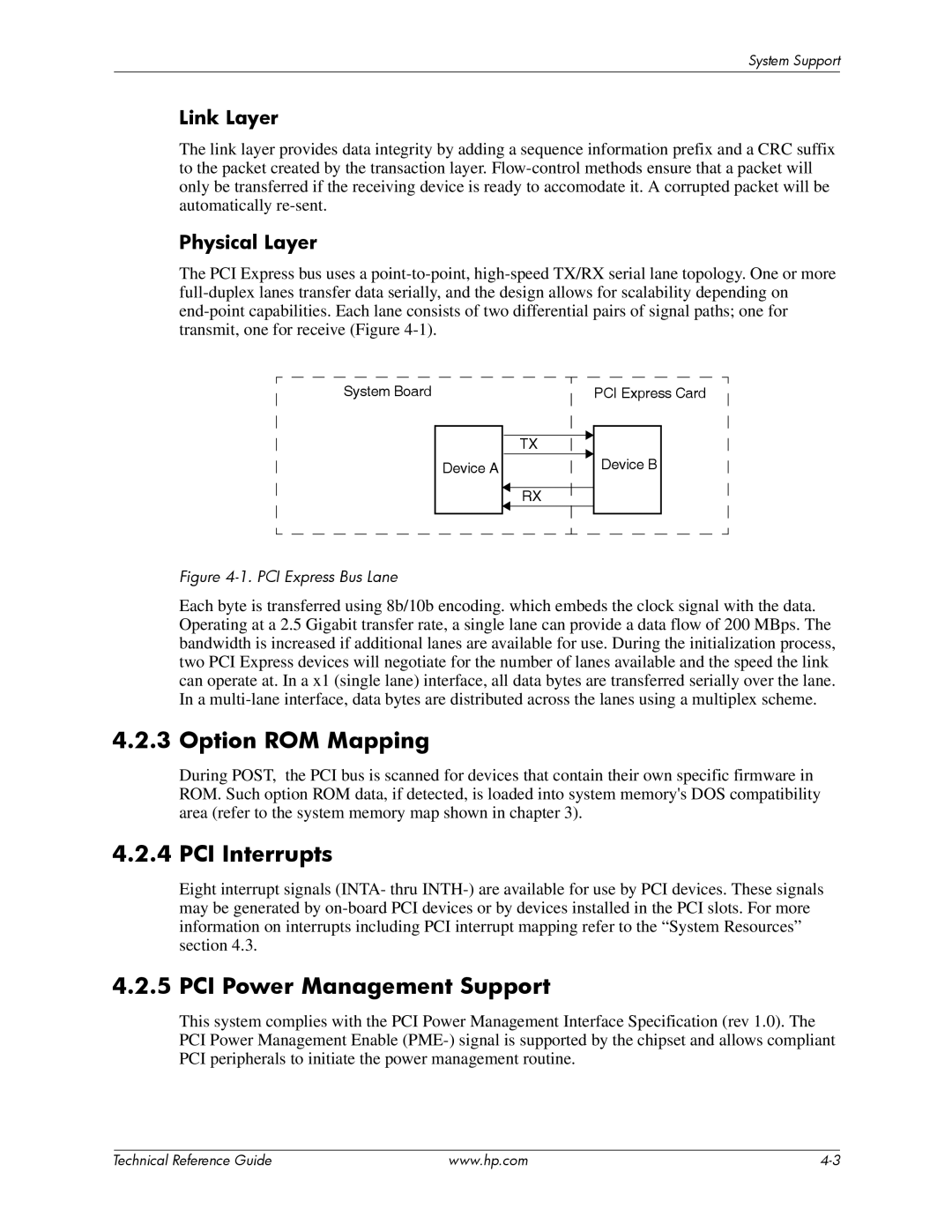 HP dc5850 manual Option ROM Mapping, PCI Interrupts, PCI Power Management Support, Link Layer, Physical Layer 