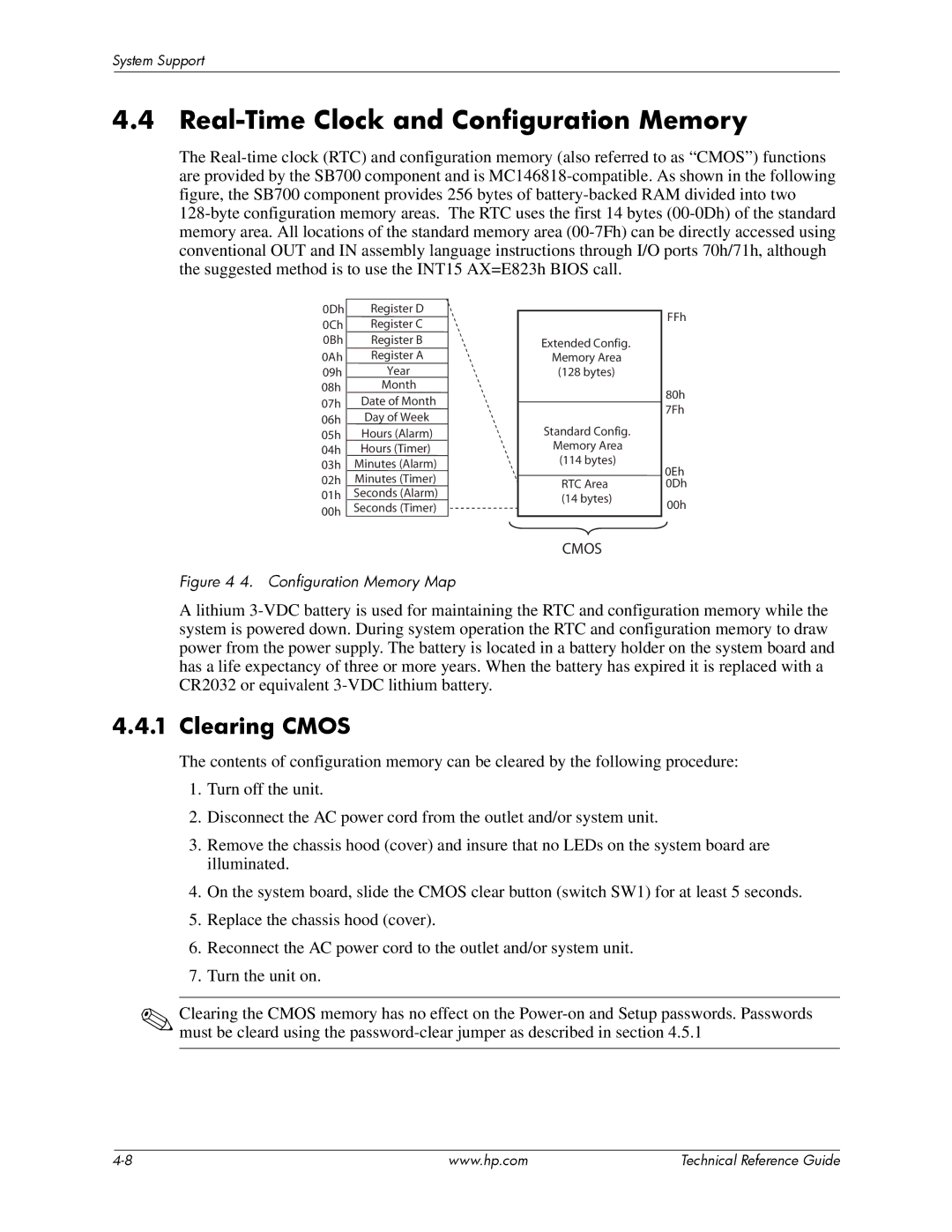 HP dc5850 manual Real-Time Clock and Configuration Memory, Clearing Cmos 