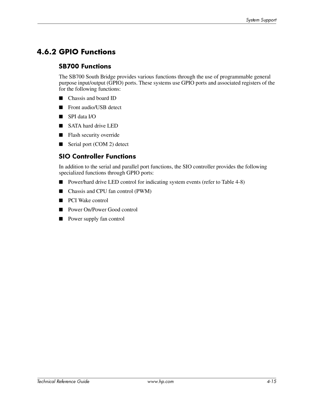 HP dc5850 manual Gpio Functions, SB700 Functions, SIO Controller Functions 