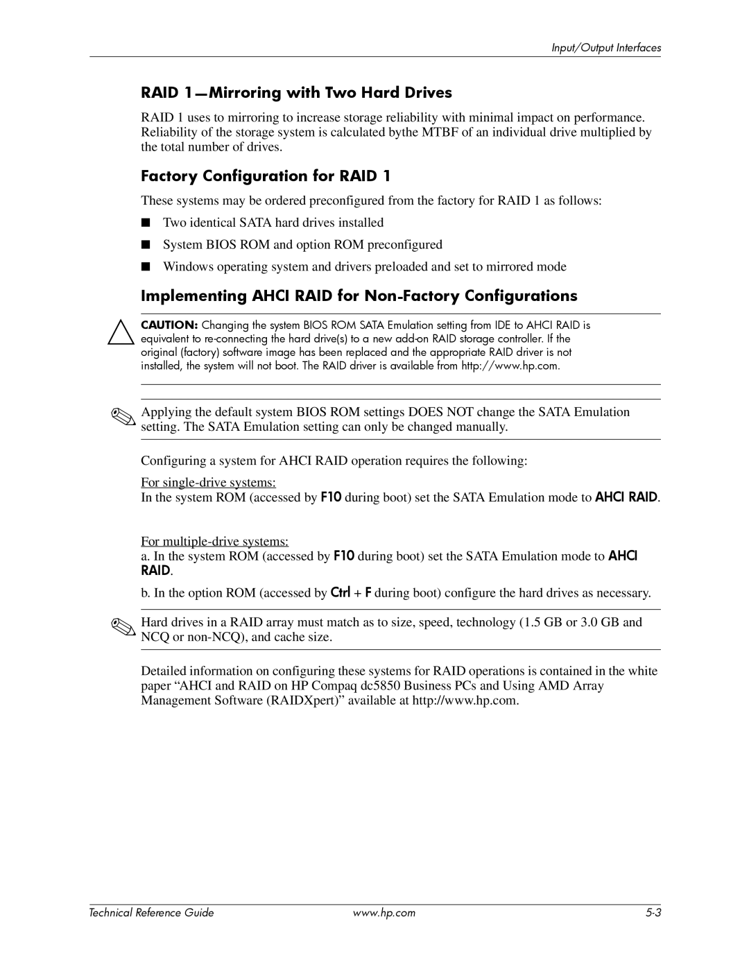 HP dc5850 manual RAID 1-Mirroring with Two Hard Drives, Factory Configuration for RAID 