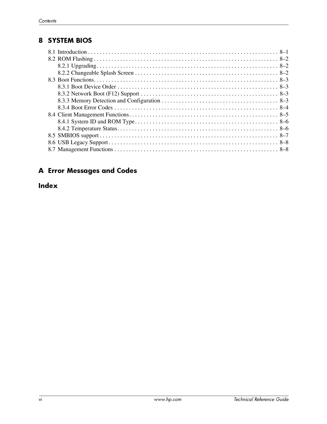 HP dc5850 manual System Bios, Error Messages and Codes Index 