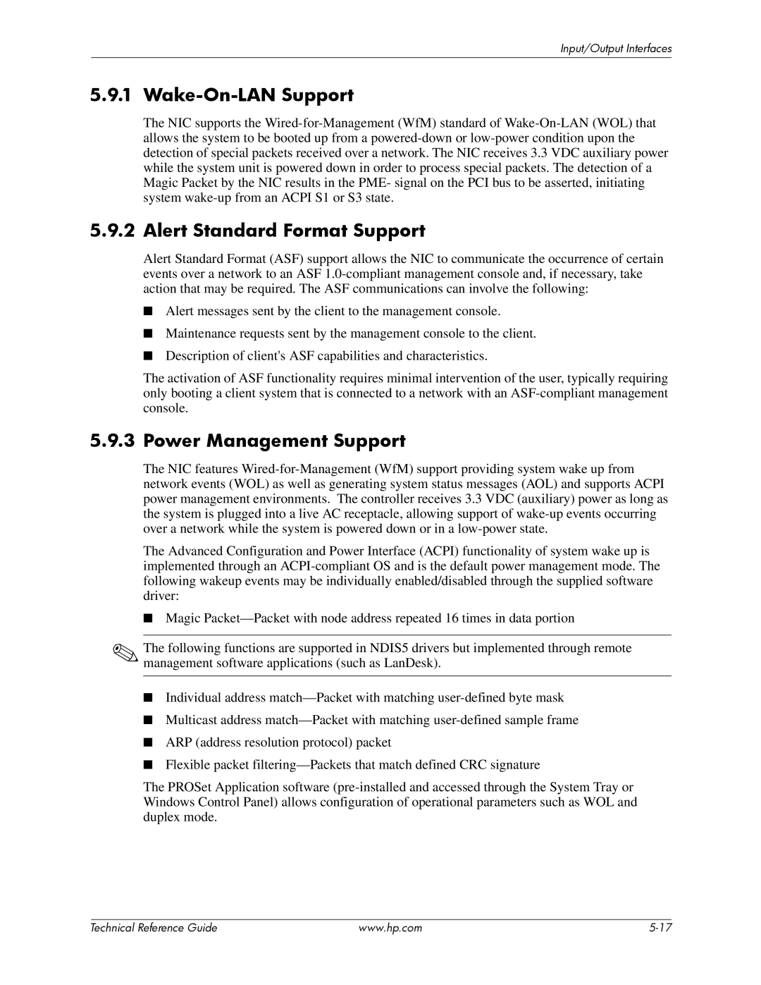 HP dc5850 manual Wake-On-LAN Support, Alert Standard Format Support, Power Management Support 