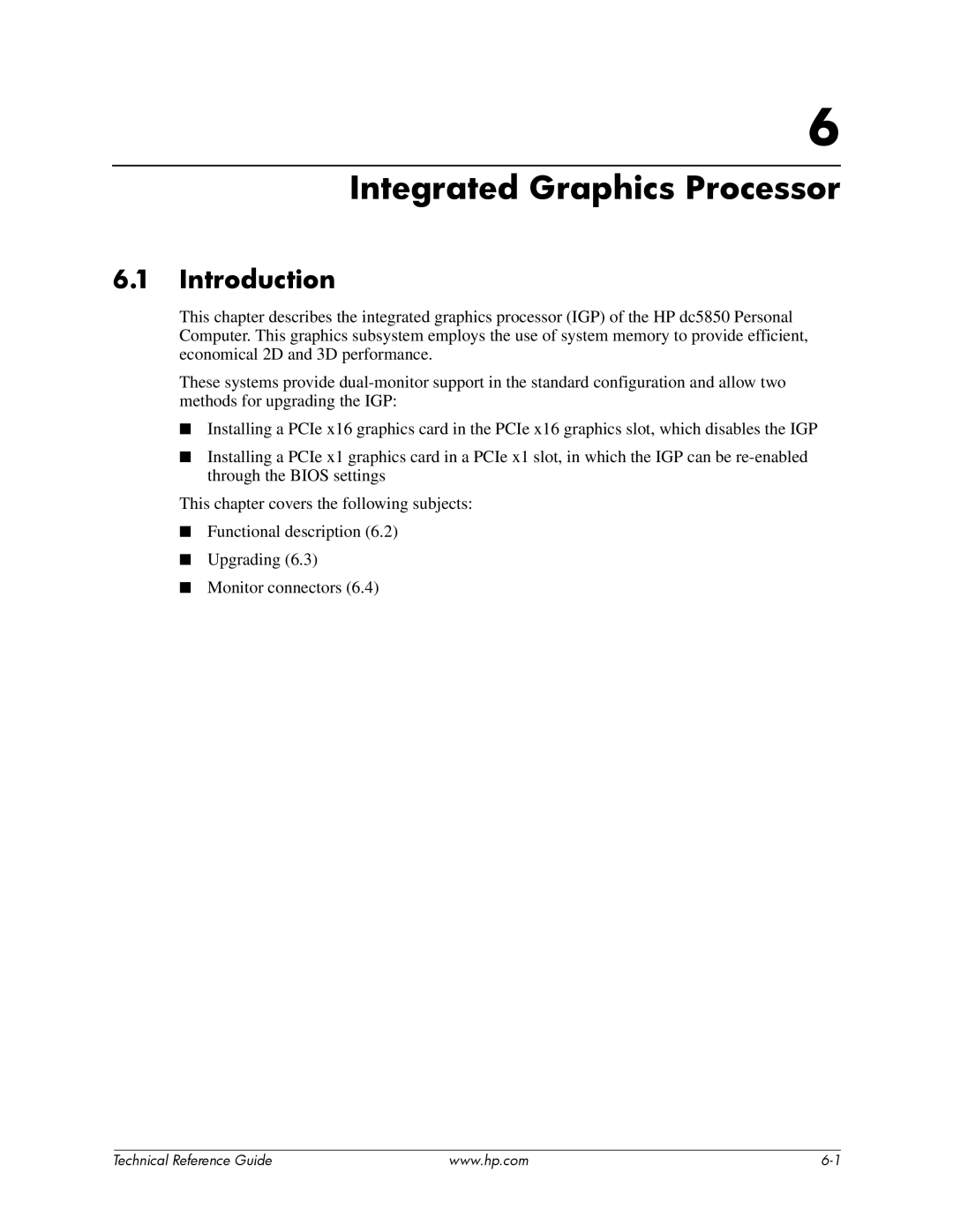 HP dc5850 manual Integrated Graphics Processor, Introduction 