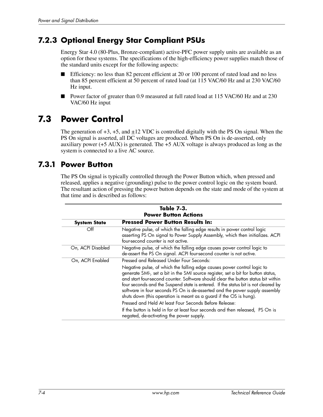 HP dc5850 manual Power Control, Optional Energy Star Compliant PSUs, Power Button Actions, Pressed Power Button Results 