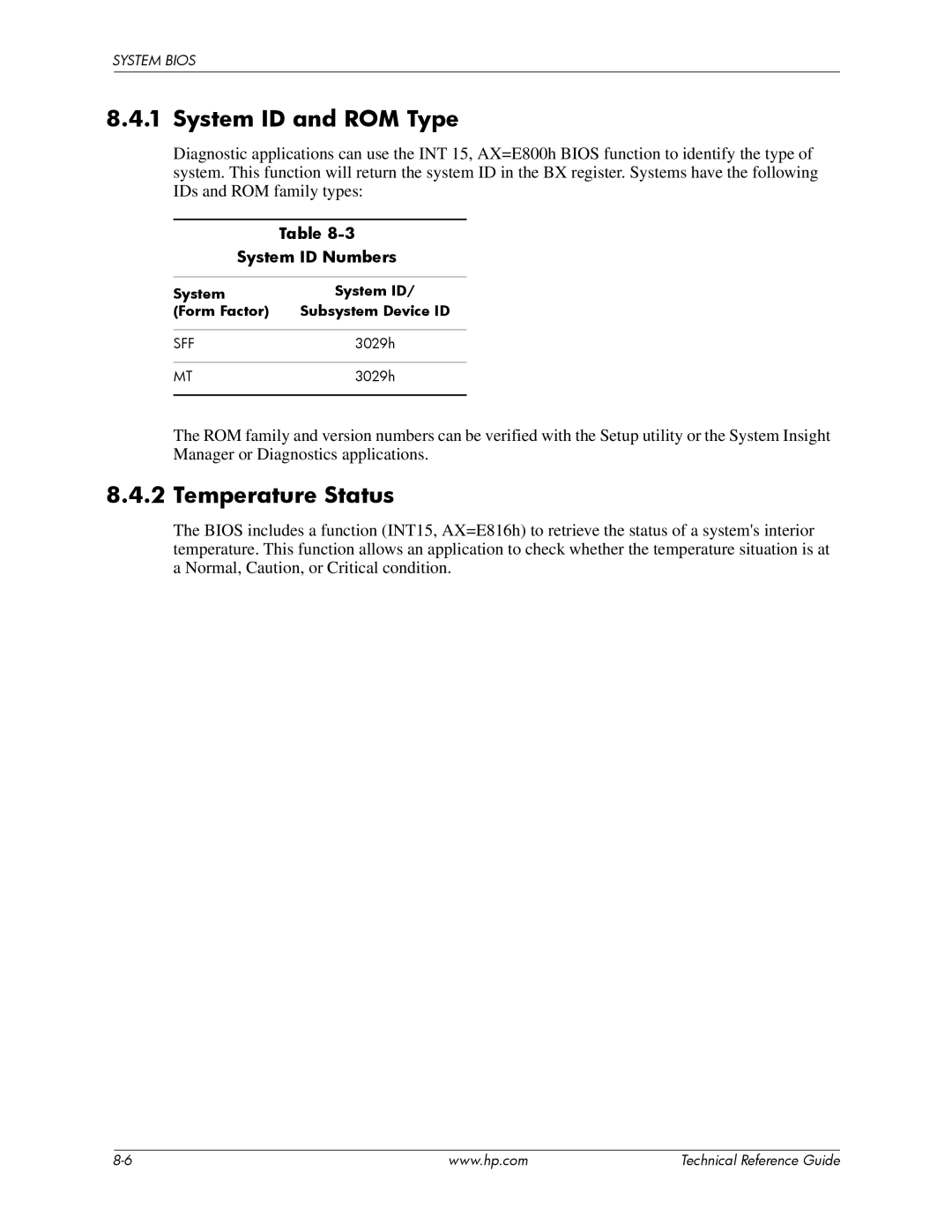 HP dc5850 System ID and ROM Type, Temperature Status, System ID Numbers, System System ID Form Factor Subsystem Device ID 