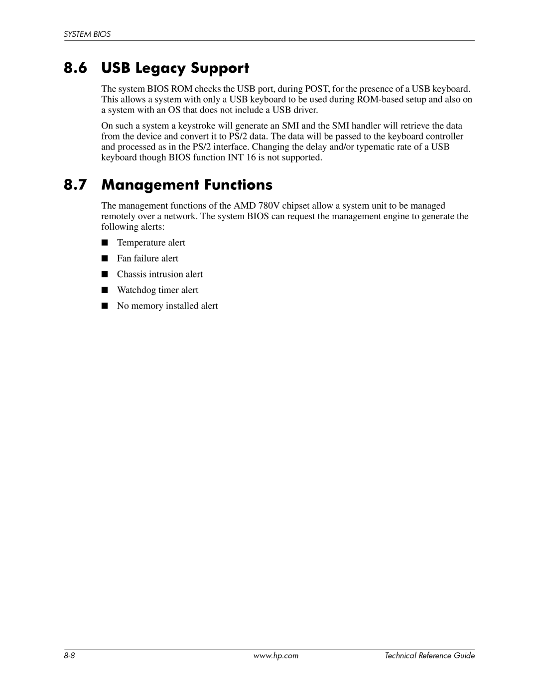 HP dc5850 manual USB Legacy Support, Management Functions 