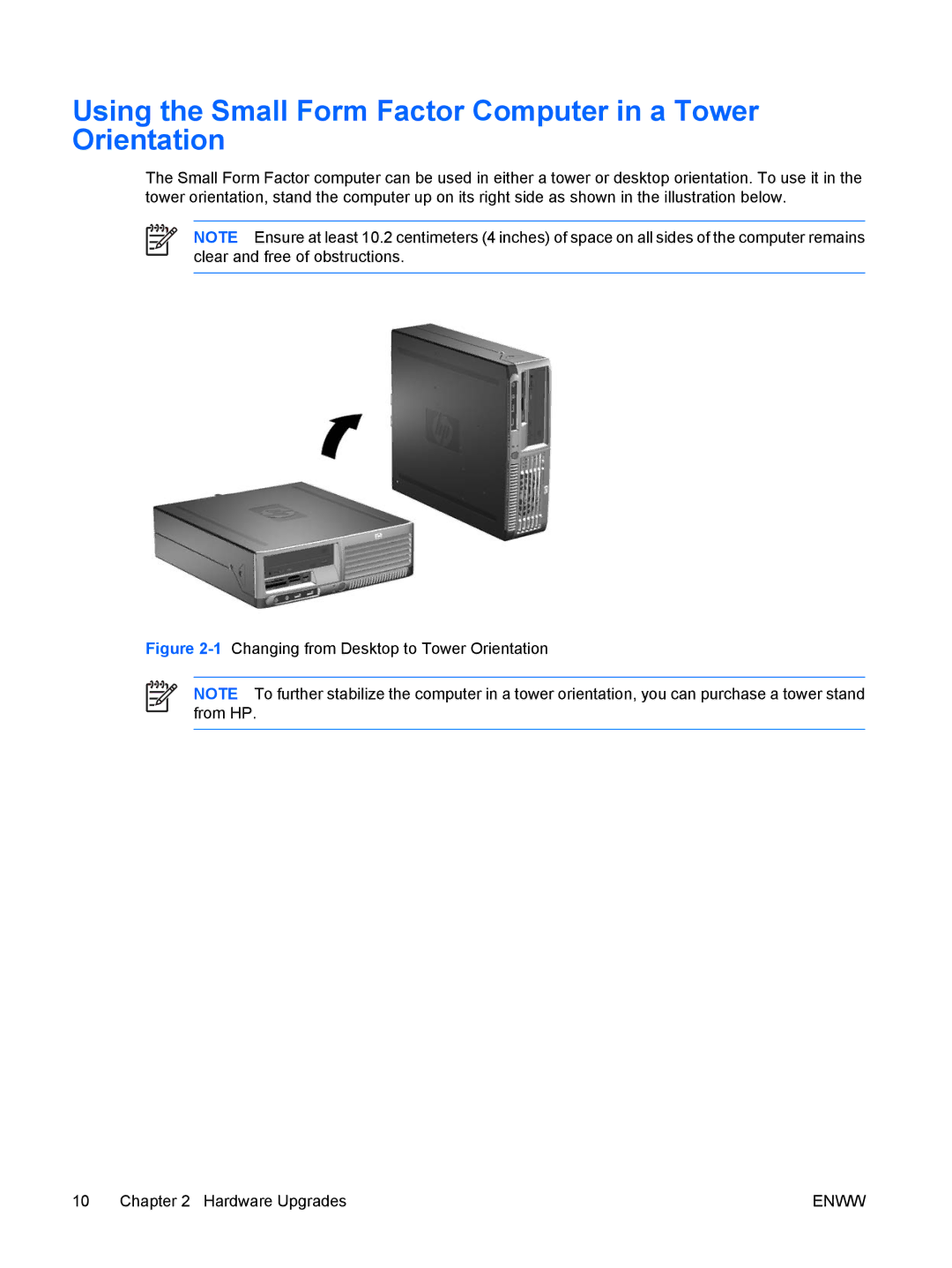 HP dc72 Client manual Using the Small Form Factor Computer in a Tower Orientation 