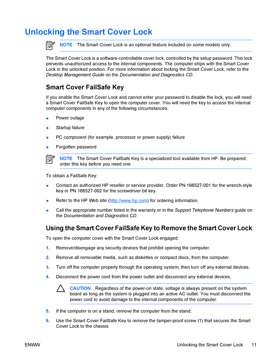 HP dc72 Client manual Unlocking the Smart Cover Lock, Smart Cover FailSafe Key 